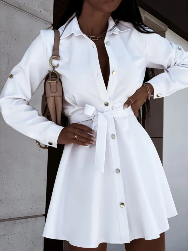 Lapel Button Tie Shirt Dress – Long Sleeve Casual Midi for Women