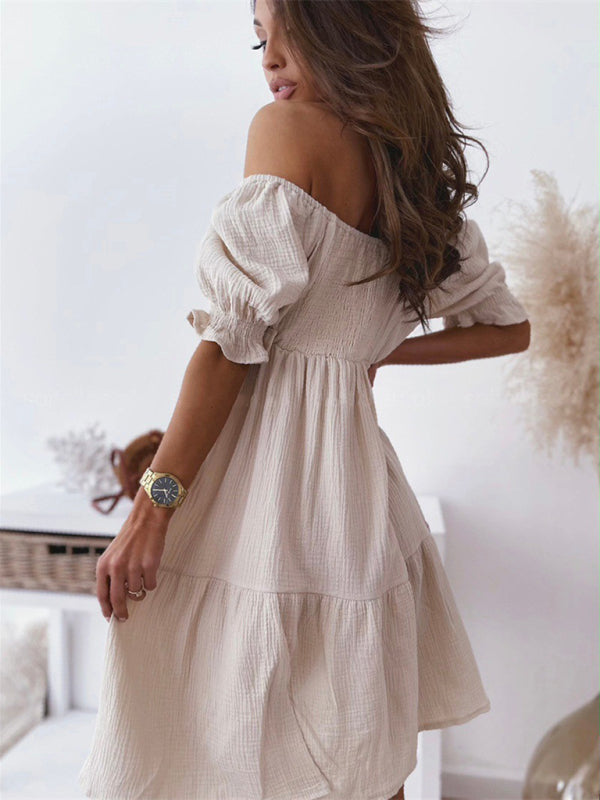 One Shoulder Open Back Maxi Dress with Puffed Sleeves – Summer Casual Style