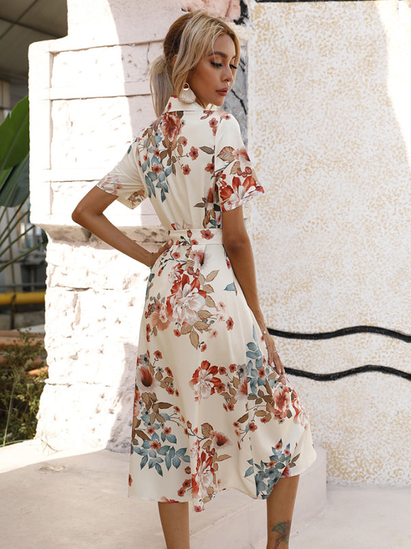 Elegant Floral Lapel Collar Knit Vacation Dress for Women
