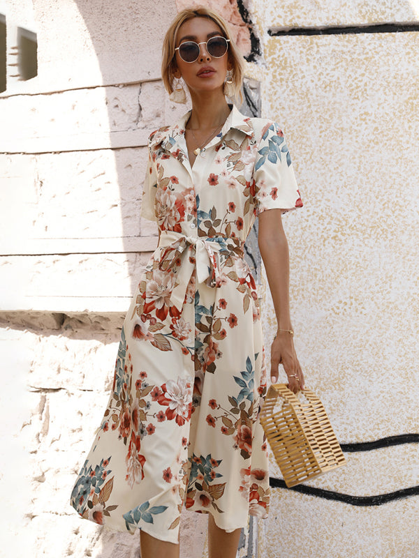 Elegant Floral Lapel Collar Knit Vacation Dress for Women