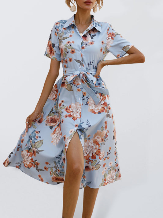 Elegant Floral Lapel Collar Knit Vacation Dress for Women
