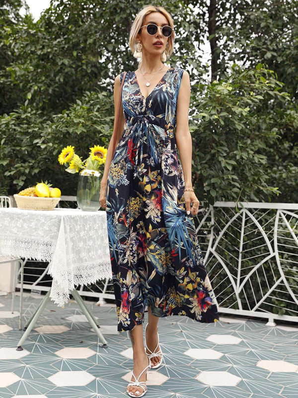 Floral V-Neck Button-Front Short-Sleeve Resort Dress – Cotton Blend