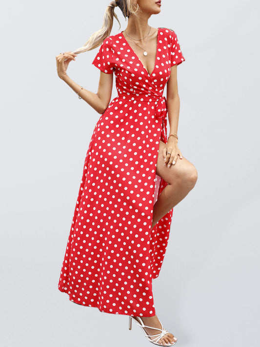 Polka Dot V-Neck Slit Dress – Short Sleeve, Cotton Blend, Flowy Fit