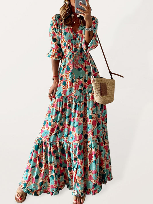 Elegant V-Neck Floral Maxi Dress – Half Sleeve, Lightweight Swing Fit