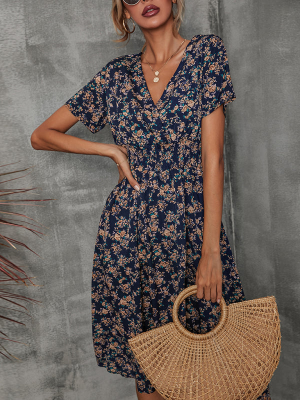 Floral V-Neck Midi Dress – Lightweight Vacation Style for Summer