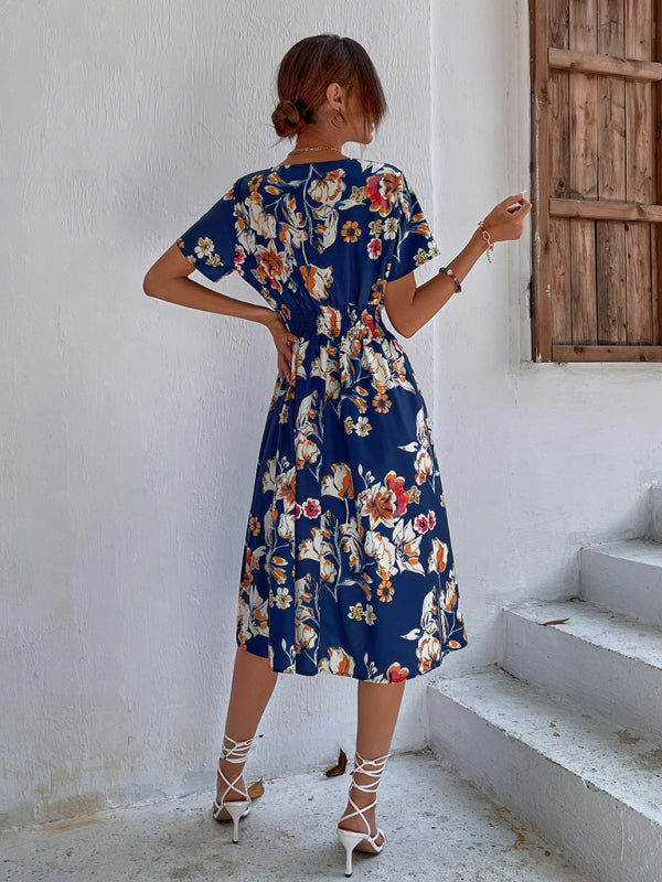 Floral V-Neck Midi Dress – Lightweight Vacation Style for Summer