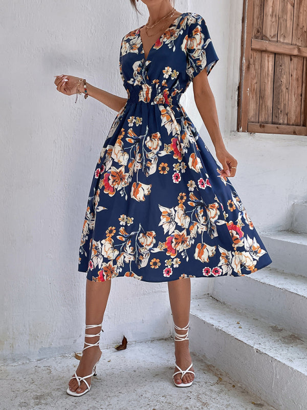 Floral V-Neck Midi Dress – Lightweight Vacation Style for Summer