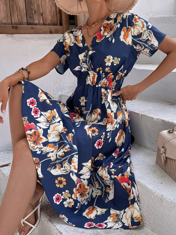 Floral V-Neck Midi Dress – Lightweight Vacation Style for Summer