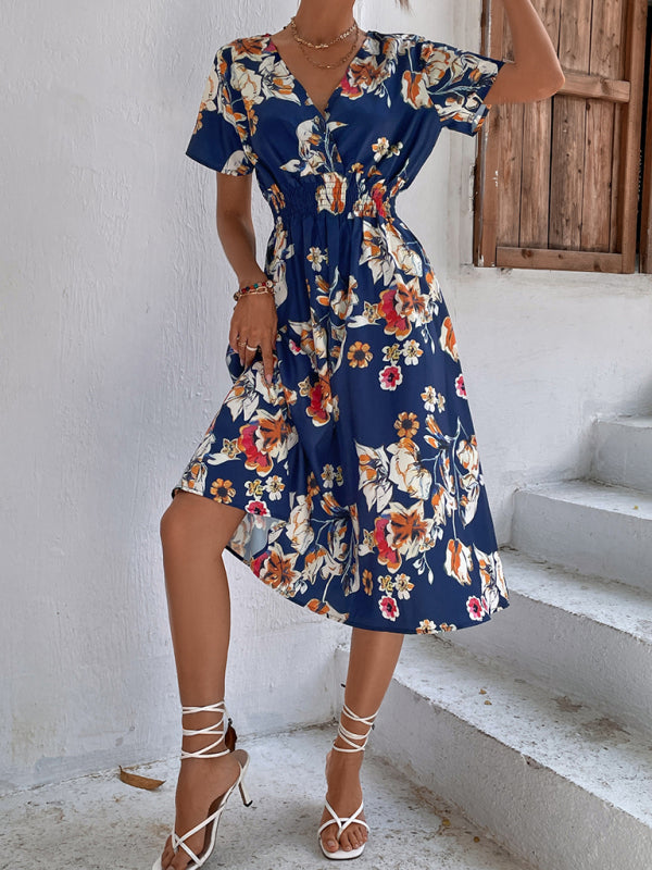 Floral V-Neck Midi Dress – Lightweight Vacation Style for Summer