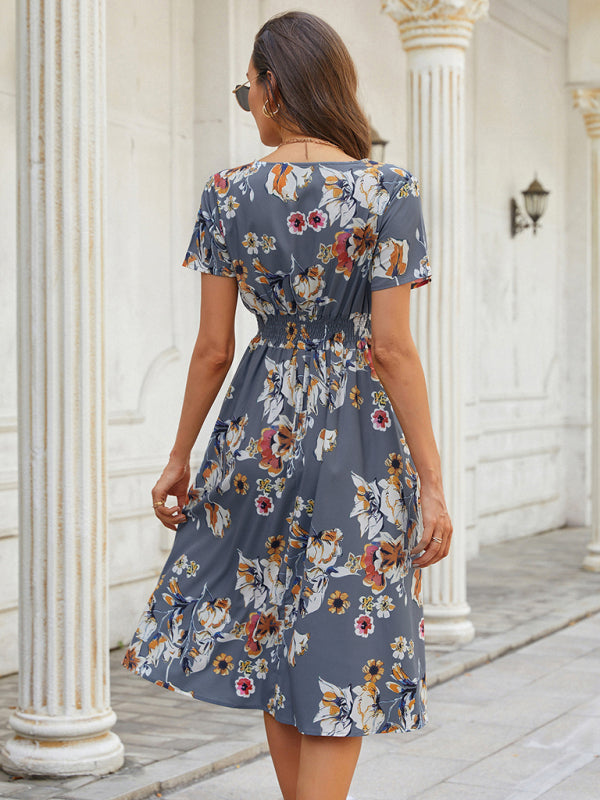 Floral V-Neck Midi Dress – Lightweight Vacation Style for Summer