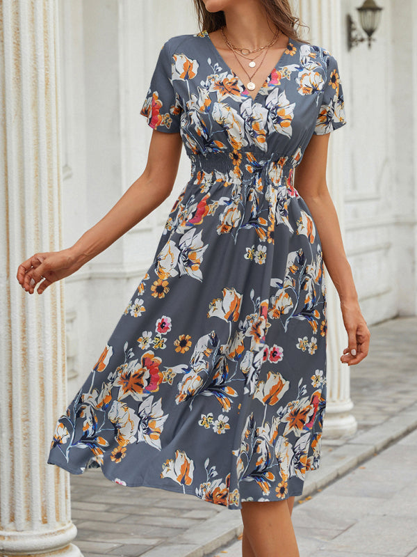 Floral V-Neck Midi Dress – Lightweight Vacation Style for Summer