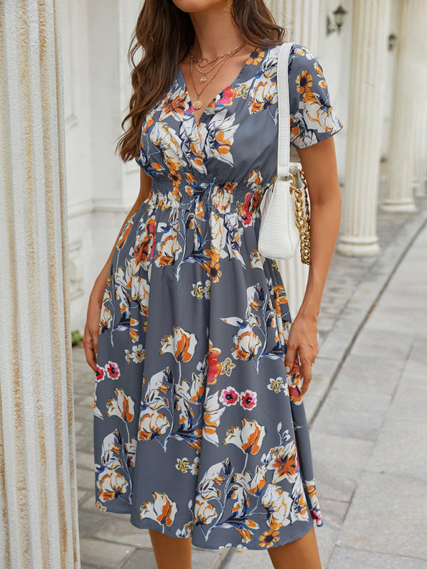 Floral V-Neck Midi Dress – Lightweight Vacation Style for Summer