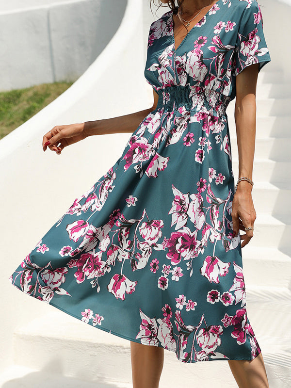 Floral V-Neck Midi Dress – Lightweight Vacation Style for Summer