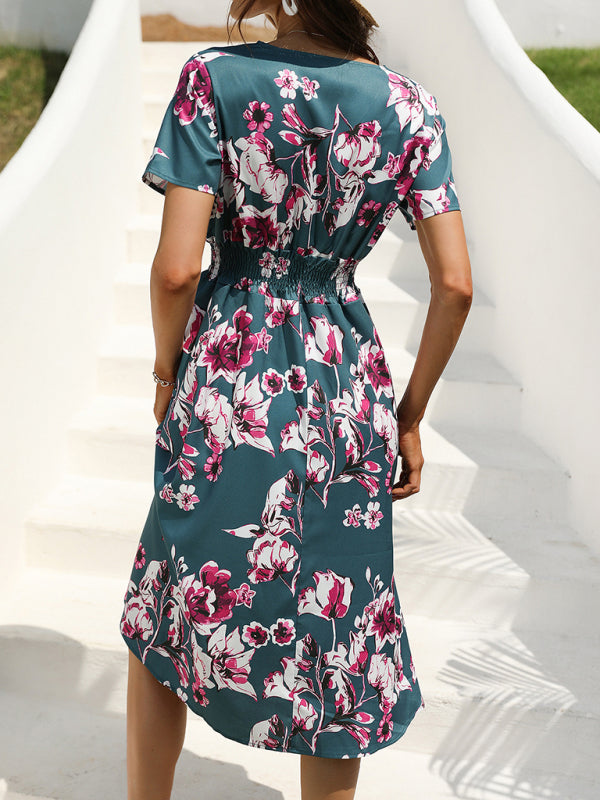 Floral V-Neck Midi Dress – Lightweight Vacation Style for Summer