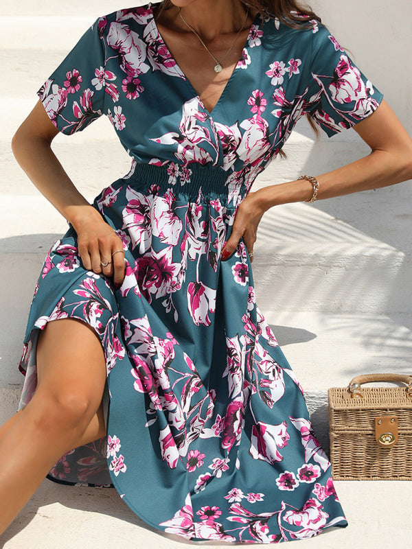 Floral V-Neck Midi Dress – Lightweight Vacation Style for Summer