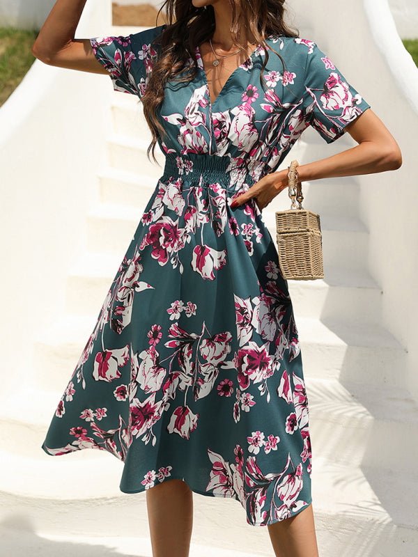 Floral V-Neck Midi Dress – Lightweight Vacation Style for Summer