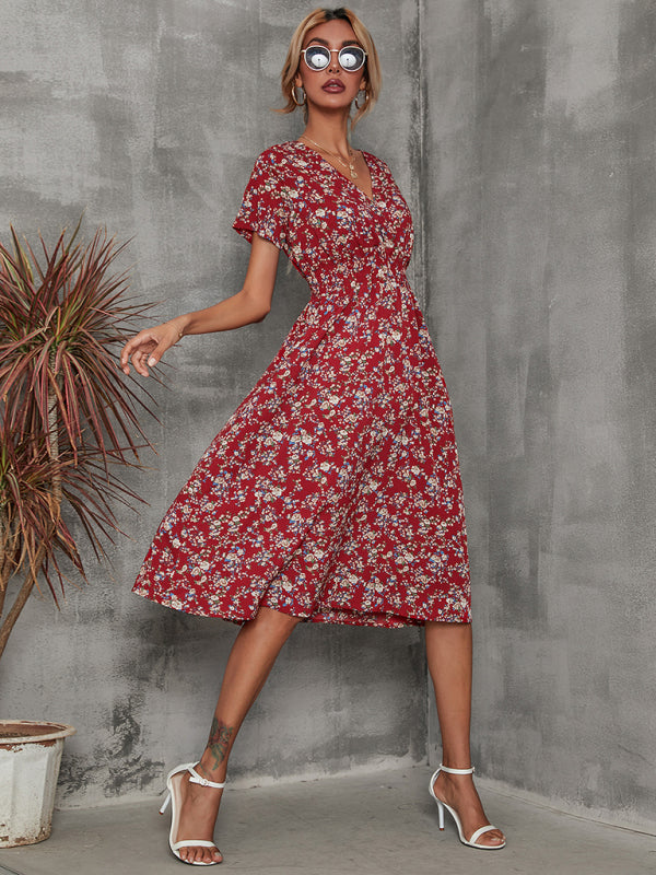 Floral V-Neck Midi Dress – Lightweight Vacation Style for Summer