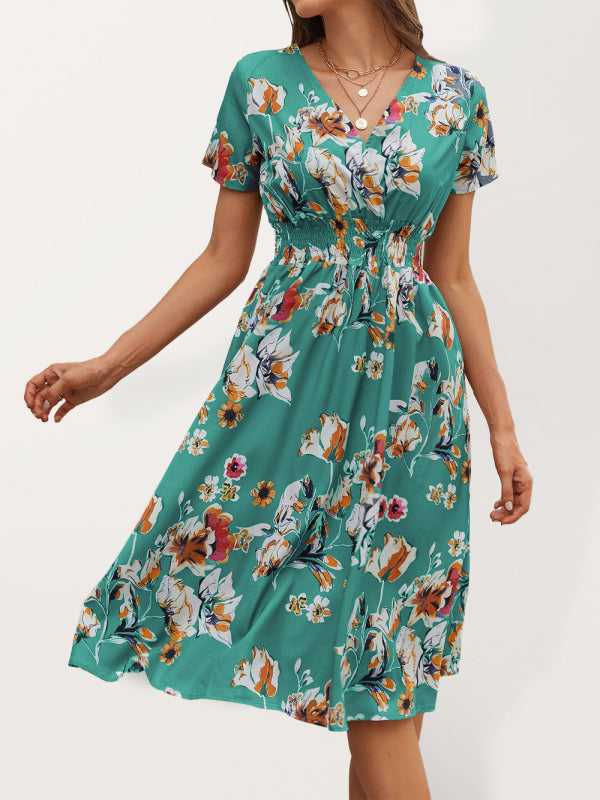 Floral V-Neck Midi Dress – Lightweight Vacation Style for Summer