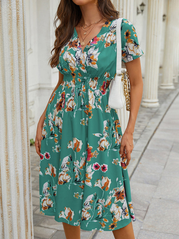 Floral V-Neck Midi Dress – Lightweight Vacation Style for Summer
