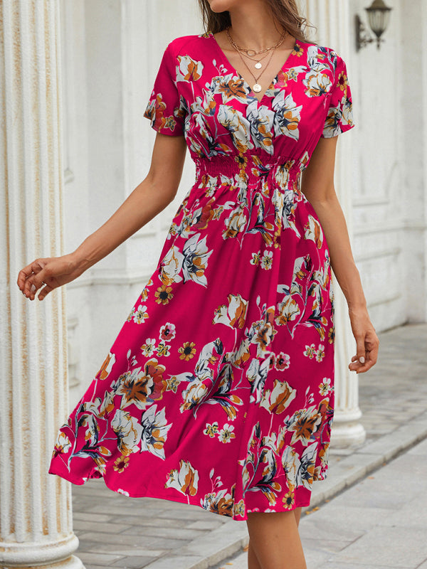 Floral V-Neck Midi Dress – Lightweight Vacation Style for Summer
