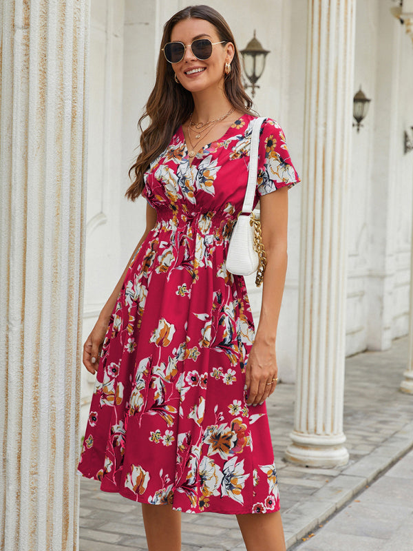 Floral V-Neck Midi Dress – Lightweight Vacation Style for Summer
