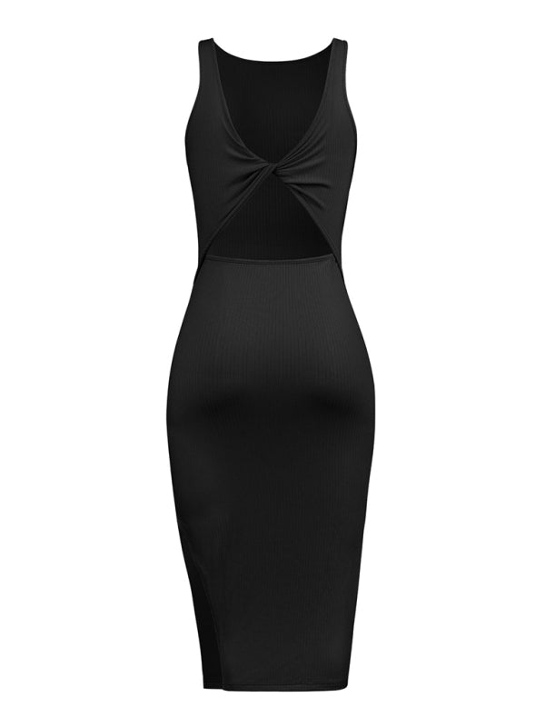Reversible Knitted Bodycon Midi Dress – Sleeveless V-Neck, Stretch Fit