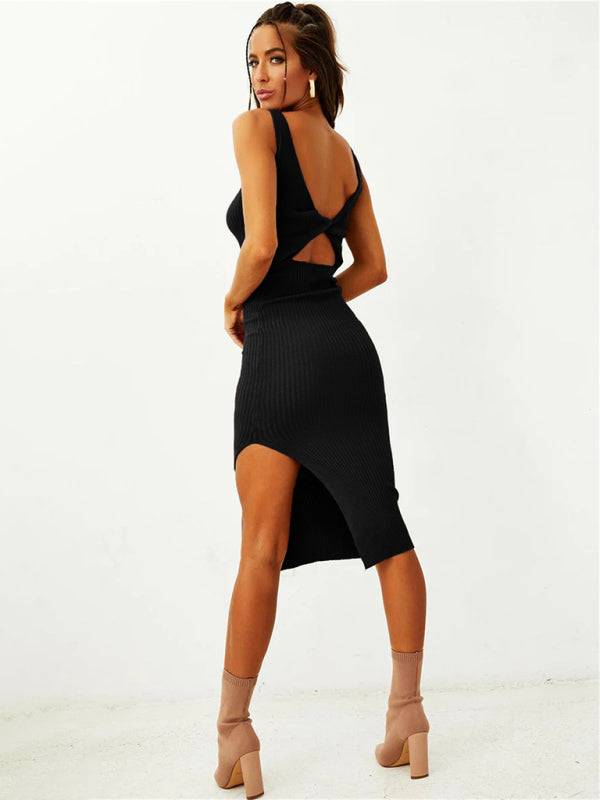 Reversible Knitted Bodycon Midi Dress – Sleeveless V-Neck, Stretch Fit