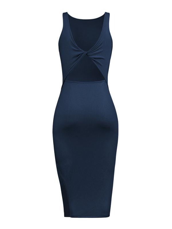 Reversible Knitted Bodycon Midi Dress – Sleeveless V-Neck, Stretch Fit