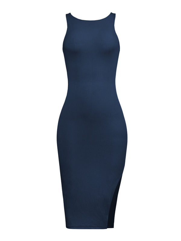 Reversible Knitted Bodycon Midi Dress – Sleeveless V-Neck, Stretch Fit