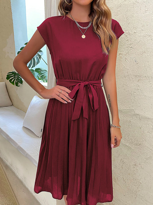 Elegant Wine Red Pleated Midi Dress – Round Neck & Half Sleeves