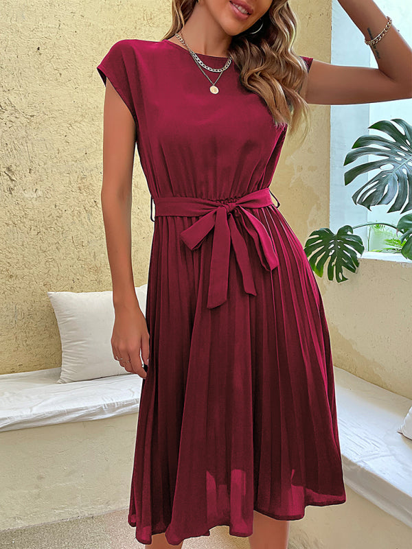 Elegant Wine Red Pleated Midi Dress – Round Neck & Half Sleeves