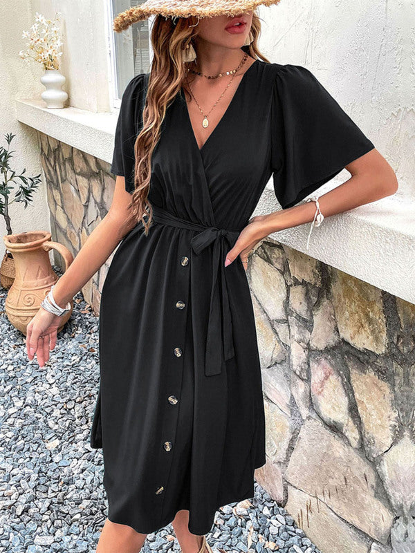Woven V-Neck Short Sleeve Midi Dress – Elegant High Waist, Soft Touch Fabric
