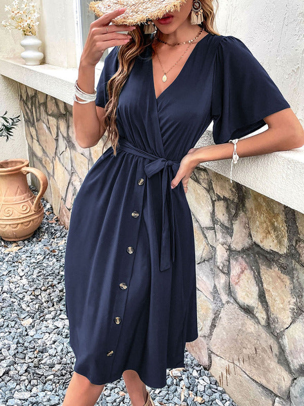 Woven V-Neck Short Sleeve Midi Dress – Elegant High Waist, Soft Touch Fabric