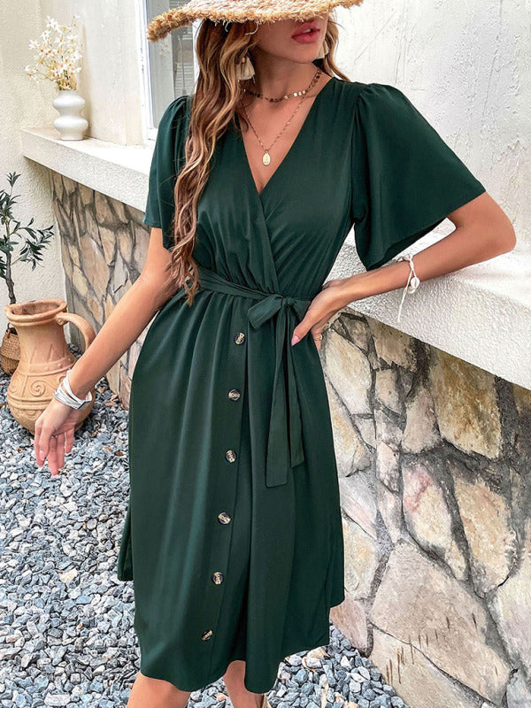 Woven V-Neck Short Sleeve Midi Dress – Elegant High Waist, Soft Touch Fabric