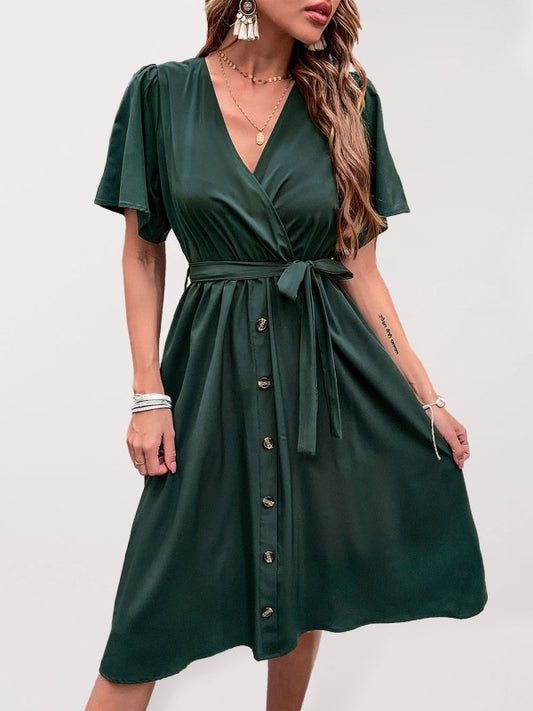Woven V-Neck Short Sleeve Midi Dress – Elegant High Waist, Soft Touch Fabric