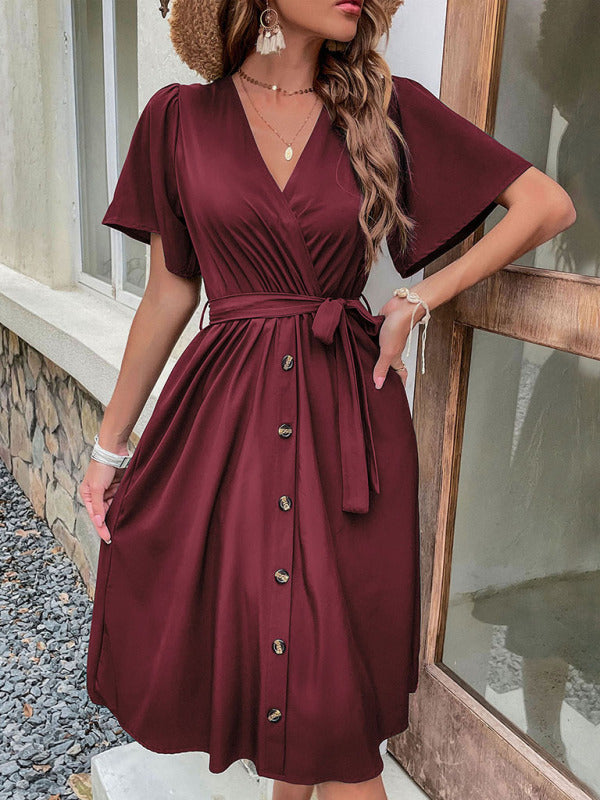 Woven V-Neck Short Sleeve Midi Dress – Elegant High Waist, Soft Touch Fabric
