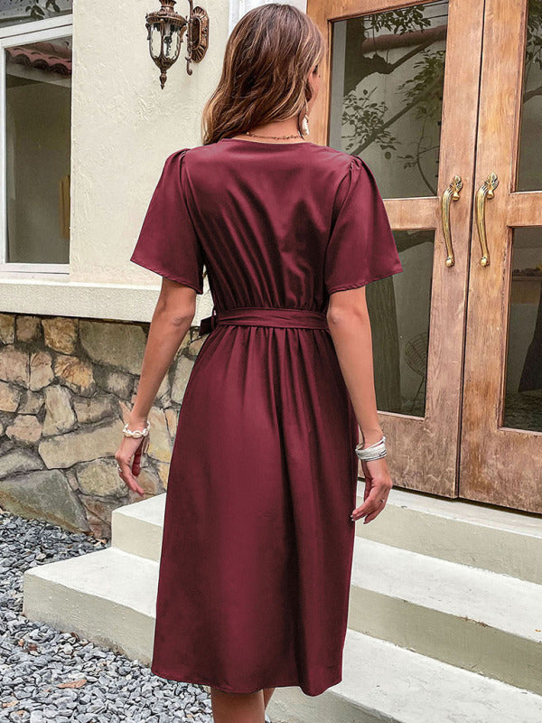 Woven V-Neck Short Sleeve Midi Dress – Elegant High Waist, Soft Touch Fabric