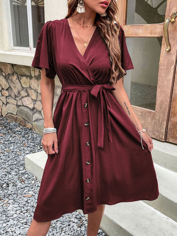 Woven V-Neck Short Sleeve Midi Dress – Elegant High Waist, Soft Touch Fabric