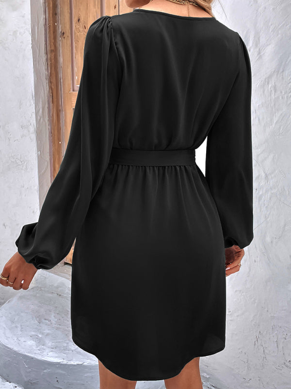 Woven V-Neck Long Sleeve Lantern Dress – High Waist & Elegant Fit
