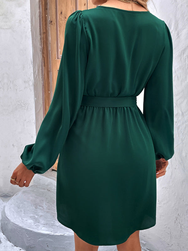 Woven V-Neck Long Sleeve Lantern Dress – High Waist & Elegant Fit