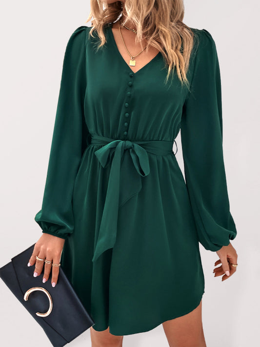 Woven V-Neck Long Sleeve Lantern Dress – High Waist & Elegant Fit