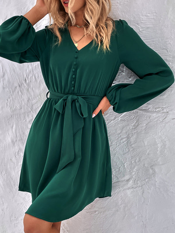 Woven V-Neck Long Sleeve Lantern Dress – High Waist & Elegant Fit