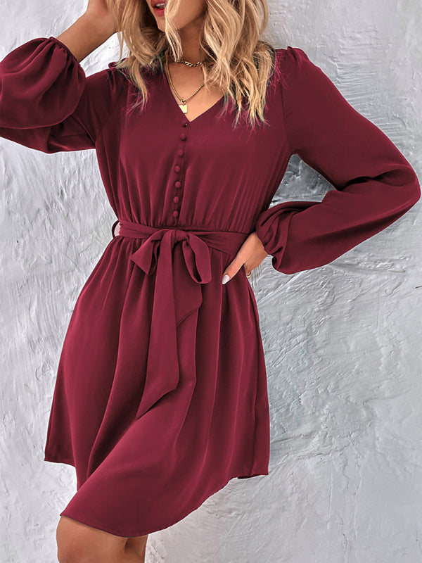 Woven V-Neck Long Sleeve Lantern Dress – High Waist & Elegant Fit