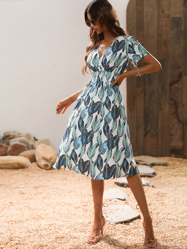 Leaf Print V-Neck Midi Dress – Lightweight Vacation Style