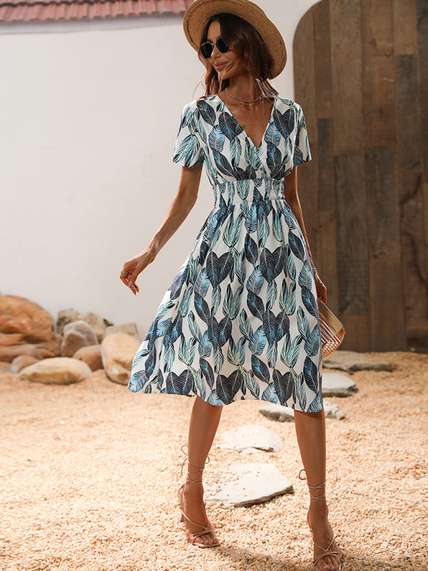 Leaf Print V-Neck Midi Dress – Lightweight Vacation Style