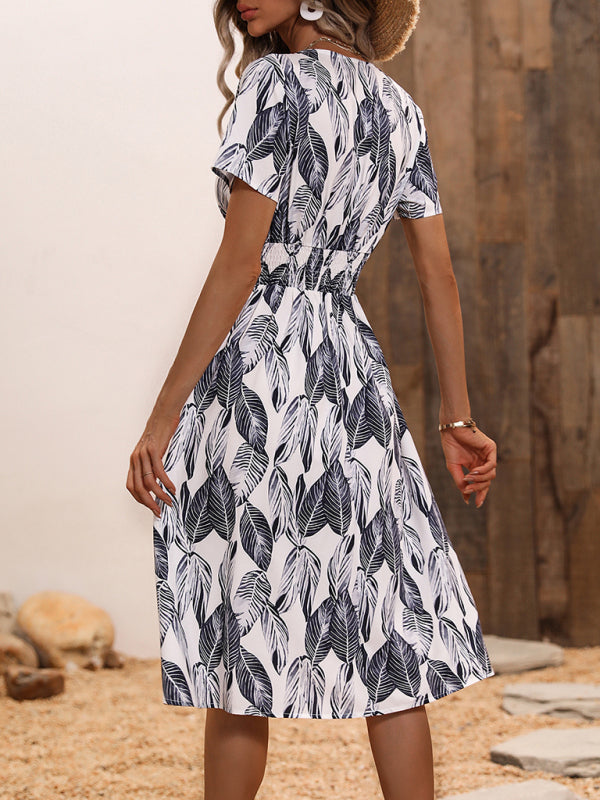 Leaf Print V-Neck Midi Dress – Lightweight Vacation Style