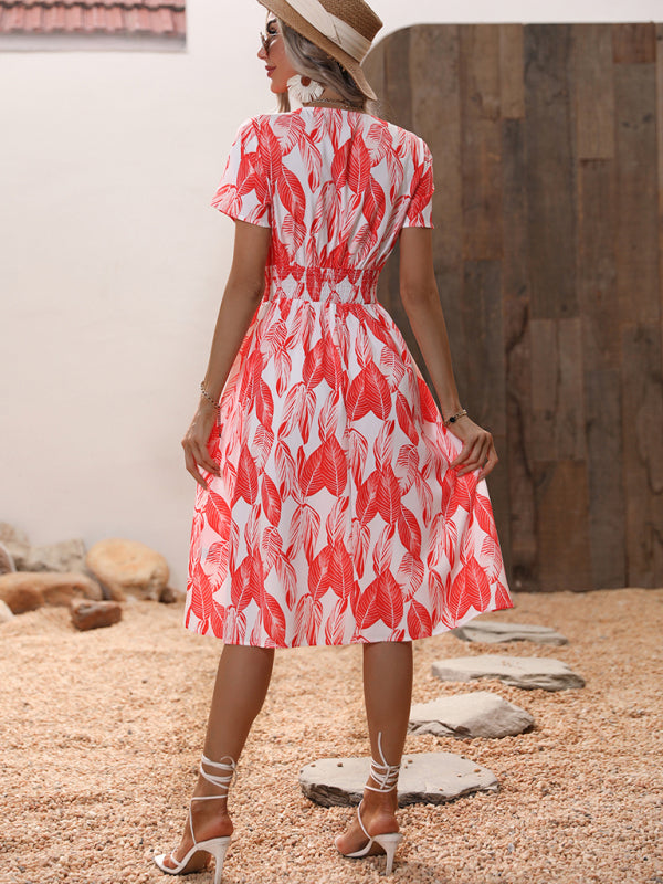 Leaf Print V-Neck Midi Dress – Lightweight Vacation Style