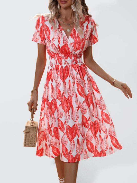 Leaf Print V-Neck Midi Dress – Lightweight Vacation Style