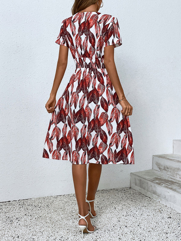Leaf Print V-Neck Midi Dress – Lightweight Vacation Style