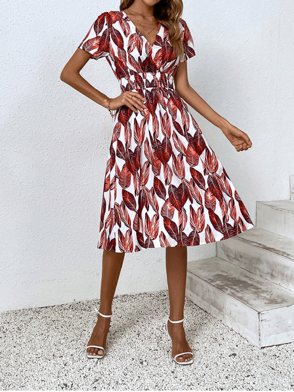 Leaf Print V-Neck Midi Dress – Lightweight Vacation Style